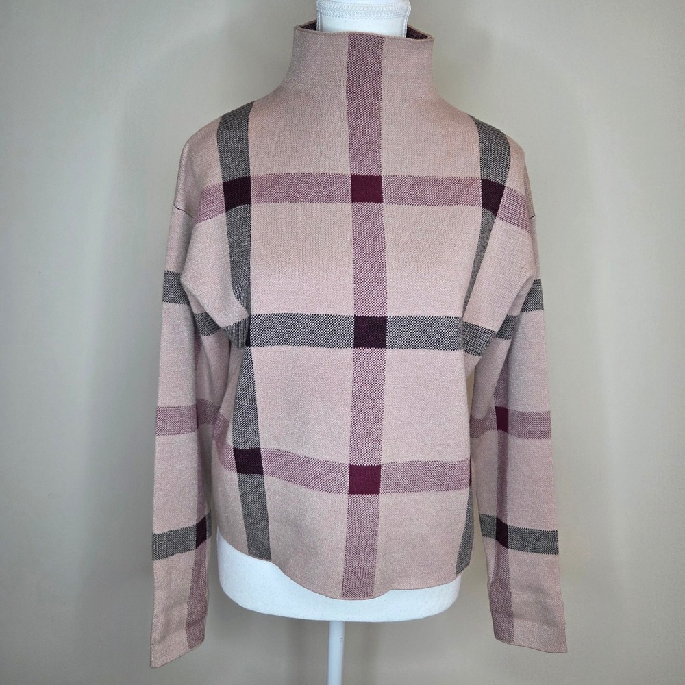 Tahari Womens Tan Burgundy Plaid Mock Neck Knit Sweater Small Funnel Neck Top
